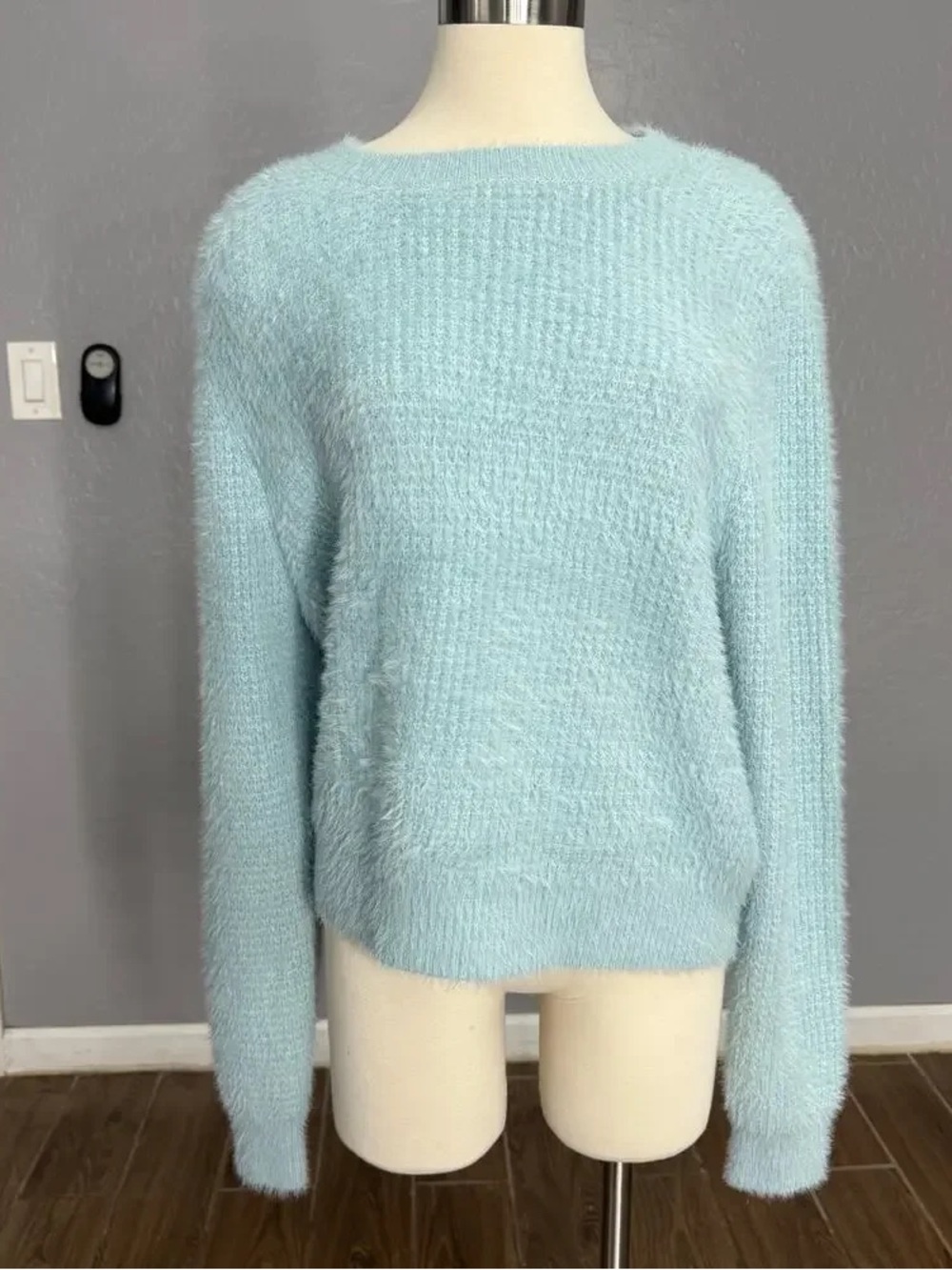 Plush Light Blue Crewneck Fuzzy Sweater
